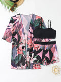 3 Pieces High Waist Bikinis 2026 Women Printed Swimwear Female Bandeau Swimsuit With Kimono Bathers Swimming Bathing Swim Suit