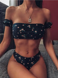Cherry Print Off Shoulder Bikini 2025 High Cut Swimsuit Women Female Brazilian Swimwear Two pieces Bikini set Bathing Suit Swim