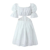 Foridol Lace Summer White Dress Women Puff Sleeve Embriodery Waist Cut Out Beach Short Sexy Cotton Dress Backless 2025 Sundress