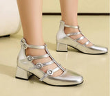 Metallic Silver Gold Women Mary Jane Pumps Square Toe Block Heel Crisscross Ankle Strap Back Zipper Elegant Party Dress Heels
