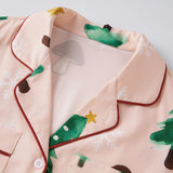 Christmas Pajama Set for Women Long Sleeve Lapel Mushroom Christmas Tree Print Shirt Pants Loose Two Pieces Sleepwear