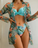 20 Colors Three Piece Bikinis Set Women Sexy Push Up Swimwear Swimsuit Plants Print Bathing Suit Bikini Cover Up Banadores Mujer