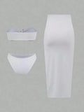 with Long Mesh Skirt Bandeau Bikini Women Swimwear Female Swimsuit Three-pieces Bikini Set Bather Bathing Suit Swim Beachwear