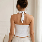 Women Lace Halter Neck Crop Tops Slim Fit Dot Print Sleeveless Open Back Vest Stylish Summer Streetwear