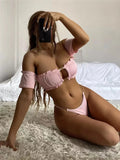 Sexy Solid Bikinis 2024 Women Off Shoulder Hollow Out Thong Swimsuit Brazilian Bathing Suit Ruffle Push UP Swimwear Biquini Swim