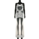 FDYOUI Sexy Lace Patchwork Mesh Long Dress Women Spaghetti Strap See-through Evening Party Dresses White Black Night Club Outfit