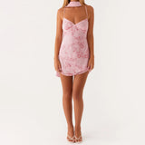 Women's Summer Sequined Flower Embroidery Beaded Bodycon Mini Dress Sleeveless Spaghetti Strap V Neck Night Out Dress with Scarf
