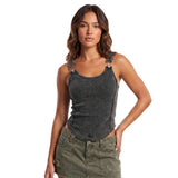 Women's Solid Color Ribbed Tank Tops Stylish Sleeveless Camisole with Metal Buckle Straps and Curved Hemline