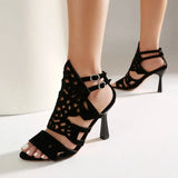 2026 Summer New Women's Black High Heels Made of Suede Leather with Exposed Toes and Thin Heels Suitable for Date Wearing