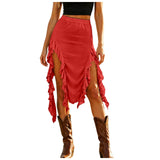 Women Western Boho Midi Skirt High Waist Ruffled Asymmetrical Hem Slit Flowy Summer Skirts Casual Cowgirl Style Streetwear Y2k