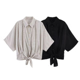 Women's Fashion Short-Sleeve Shirt Black White Striped Front Shirt Short Sleeve Button Up Blouse For Women Casual Wear 884U