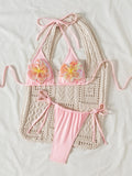sexy 3d sequine flower pink bikinis sets two pieces swimsuits halter tie thong Swimwear Biquini conjunto de bikini tankini