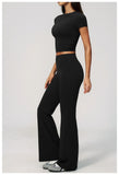 Creamy 2 Pieces Workout Suit Women Yoga Outfits Short Sleeve O Neck Slim Sports T Shirts High Waist Flare Pants Gym Fitness Sets
