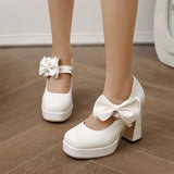 Plus Size Women's Bow Mary Janes Platform Chunky Heels Ankle Strap High Heel Pumps Sweet Lolita Party Dress Shoes
