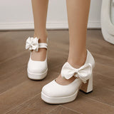 Plus Size Women's Bow Mary Janes Platform Chunky Heels Ankle Strap High Heel Pumps Sweet Lolita Party Dress Shoes
