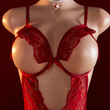 Adult Women's Sexy Underwear Semi-Coverage Bra With Steel Bra Push-Up Red Erotic Bodysuit Hot Crotchless Porn Lingerie Body Set