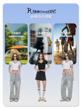 Hot girl top V-neck exposed navel contrasting color splicing clothes women's street short-sleeved T-shirt