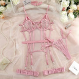 Toucheart Women Pink Patchwork Spaghetti Strap Wrap Dress Interesting Underwear Backless Hollow Out Irregular Fashion Sexy Set