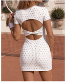 Retro Polka Dot Sports Tennis Dresses Women Quick Drying Round Neck Short Sleeve Back Hollow Cross Slim Yoga Golf Fitness Dress