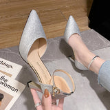 ZOKI Bling Gold Silver Women's Pumps 2024 Sexy Point Toe Thin Heel Party Wedding Shoes Woman Summer Ankle Strap High Heels Shoes