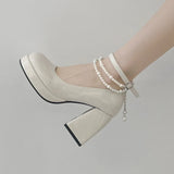 10cm Super High Heels Mary Jane Shoes Women Fashion Patent Leather Platform Pumps Woman Pearls Chain Ankle Strap Party Shoes