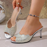 New Mules Shoes Women High Heeled Slippers Crystal Stiletto Peep Toe Ladies Banquet Slingback Party