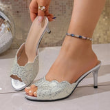 New Mules Shoes Women High Heeled Slippers Crystal Stiletto Peep Toe Ladies Banquet Slingback Party