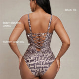 S - XL Printed Underwired V Neck Women Swimwear One Piece Swimsuit Female Lace Up High Leg Cut Bather Bathing Suit Swim V7552
