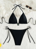 DEKA Triangle Bikini Set Bandage Women's Push-Up Bra Summer Beach Style Solid Black Lady's Swimsuit Female Beachwear