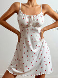 Women Cherry Print Camisole Nightgown, Summer Sleeveless Sleep Dress with Bow Front, Adjustable Straps, Ruffle Hem Home