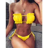 Sexy Pink Bandeau Frilled Bikini Swimsuit Female Swimwear Women Two-Pieces Bikini Set Bather Padded Bathing Suit Swim V1242B