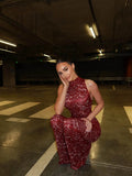 Summer Jumpsuits Women Sexy High Neck Sleeveless Sheer Mesh Solid Lace Flare Pants Slim Bodycon Elegant Formal Club Party Romper