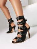 Fashion Buckle Women's Sandals Summer Shoes 2025 Sexy Cut-outs High Heels Black Peep Toe Footwear Party Office Dance Shoes Girls