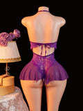 Adult Erotic Bodysuit Lace Hanging Collar Deep V-neck Semi Transparent Women Sexy Lingerie Crotchless Hot Underwear