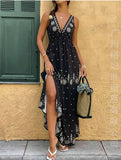 Bohemian Style Print Sleeveless Long Dresses Women Summer V-neck Backless Leace-up Slit Dress Casual Lady Vacation Vestidos