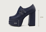 Plus Size Double Row Small Buckle Side Zipper Square Toe Double Layer Platform High Thick Heel Women's Pumps Shallow High Heels