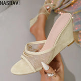 Fashion Embroidery Breathable Organza Mesh Slides Women's Peep Toe Slippers Designer Wedges High Heels Shoes 35-42 New Summer