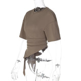 FDYOUI Women O-neck Short Sleeve Solid T-shirts 2026 Summer Chic Ruched Bandage Corset T-shirt Female Tunics Irregular Crop Tops