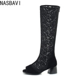 Fashion Women Knee High Boots Square Heel Zipper Sexy Lace Mesh Boots Spring Cool Boots Breathable Women's Shoes Botas De Mujer