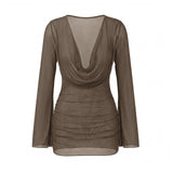 Women's Summer Solid Color Sheer Beach Mini Dress Long Sleeve Deep V Neck Swim Cover Up Swimwear for Pool Vacation