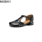 French Slip-on Single Shoes Retro British Shoes for Women Brown T-Strap Shallow Flat Sandals Soft Leather Rome  Summer New 32-43