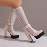 Plus Size Mesh Fabric Splicing PU High Socks Boots Ankle Buckle Ultra Thick Heel Back Zipper Breathable Summer Knee High Boots