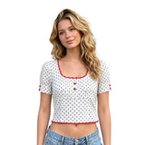 Women Short Sleeve Dot Print Lace Trim T-shirts Buttons Scoop Neck Blouses Summer Slim Fit Casual Tops Streetwear