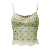 Women Fashion Dot Print Lace Patchwork Crop Tops Summer Slim Camisole Spaghetti Strap Mesh Tank Tops Streetwear