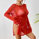 Sexy Long Sleeve See Through Top  Mesh Sheer Tunic Beach Cover Up Cover-ups Beach Dress Beach Wear Beachwear Female Women V3557