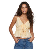Women's Summer Solid Color Tank Tops Fashionable Lace Trim Sleeveless V Neck Tie Front Ruffled Peplum Vest