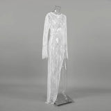 Woman Clothing 2026 O-neck Hollow Out High Slit Long Maxi Lace Dress Black Streetwear Ladies See-through Black T-shirt Dresses