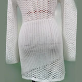 2026 Bikini Cover-up Beach White Crochet Tunic Knitted Summer Bodycon Mini Dress See Through Hollow Out Sexy Women Cover Up