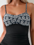 Vintage Black Floral Print Tankini Set 2026 Swimwear Women Drawstring Side Pleate Tank Top High Waist Short Two Piece Swimsuit