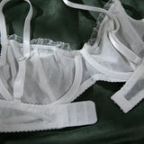 2Pcs Bra & Brief Set for Women Sexy White Ruffle Mesh Perspective Bow Patchwork Bra Bilizna Set Underwear Ultra Thin Intimate